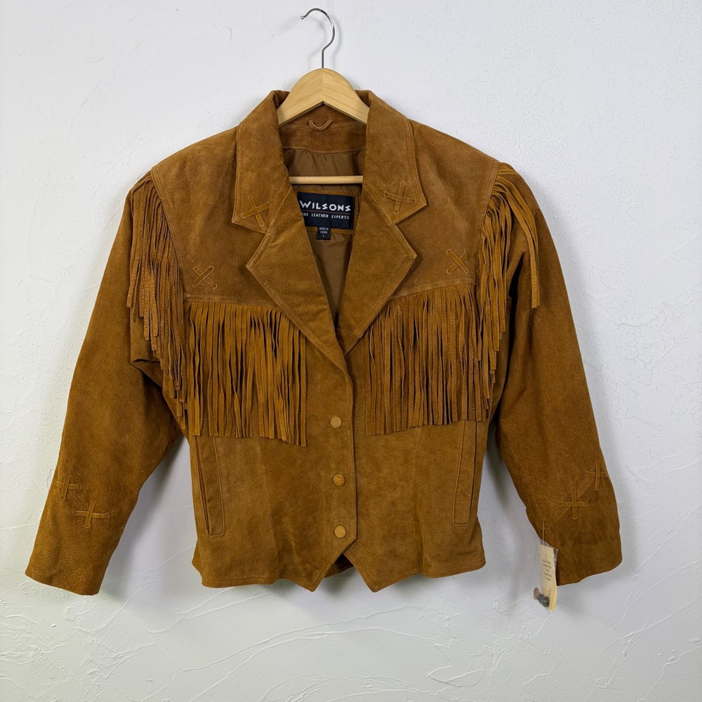 Vtg New Wilsons Leather Fringe Jacket Women L Brown Suede Boho Western Cowgirl
